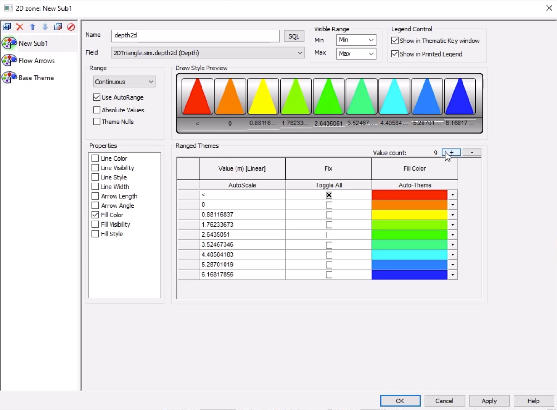 In the Layer Theme Editor, the settings for the depth 2d sub theme, with the plus (+) button next to Value count being selected to increase the value, and under Ranged Themes, a range of Values set for each Fill Color.