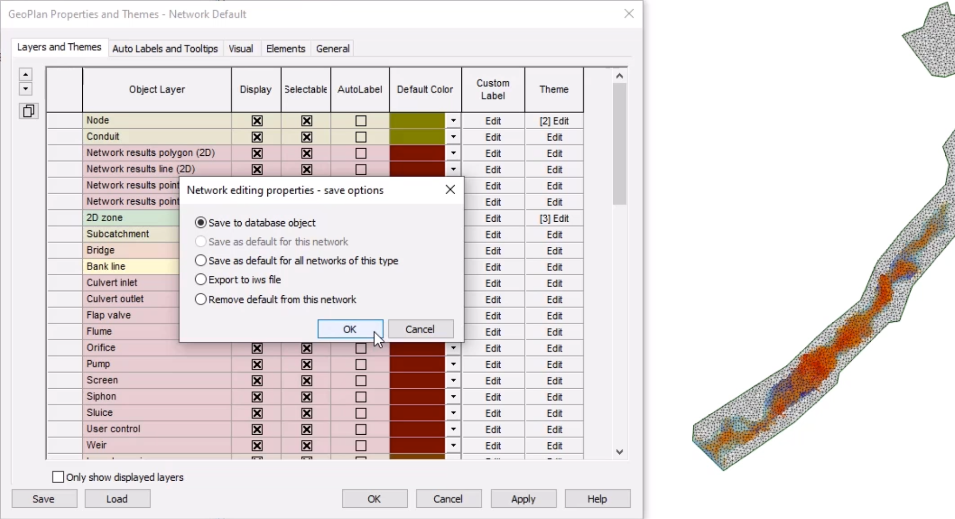 The Network editing properties dialog box, with Save to database object enabled and OK selected; and in the background, the open GeoPlan Properties and Themes dialog box, and the 2D river model with the new themes applied.