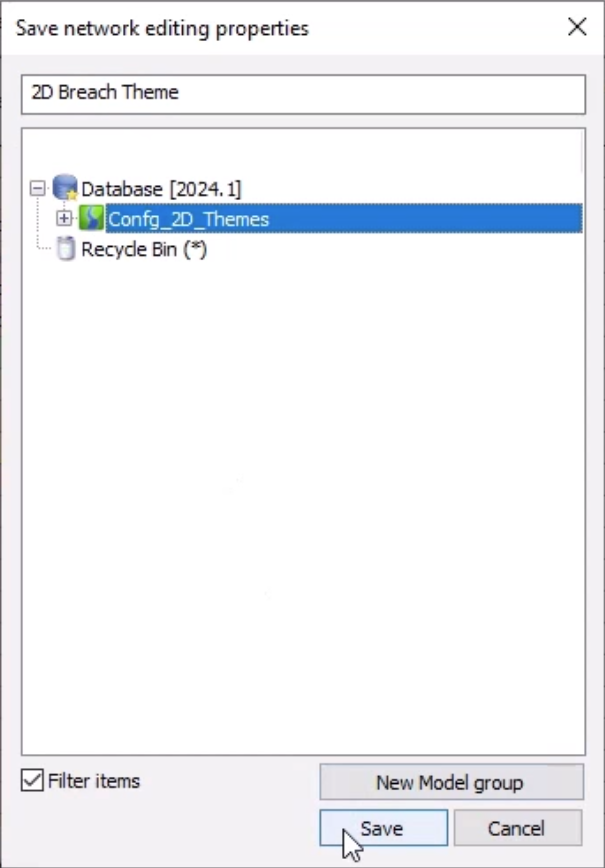 The Save network editing properties dialog box, with the name for the new database object entered for this example, and Save selected.