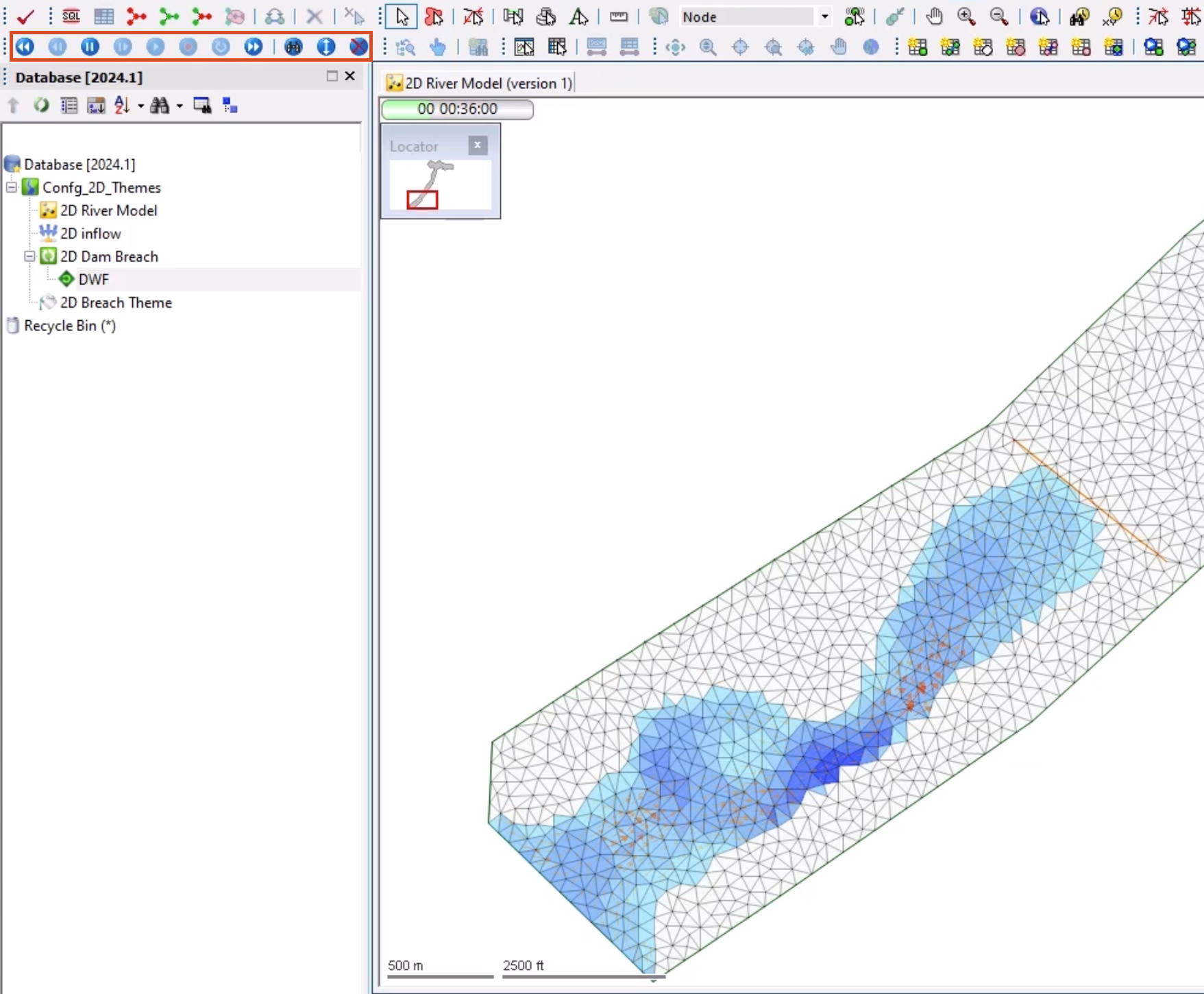 The Replay Control toolbar highlighted in red, and in the GeoPlan, the simulation playing with the 2D Breach Theme applied, showing water entering the model, arrows showing the direction of flow, and darker shades of blue indicating more depth.