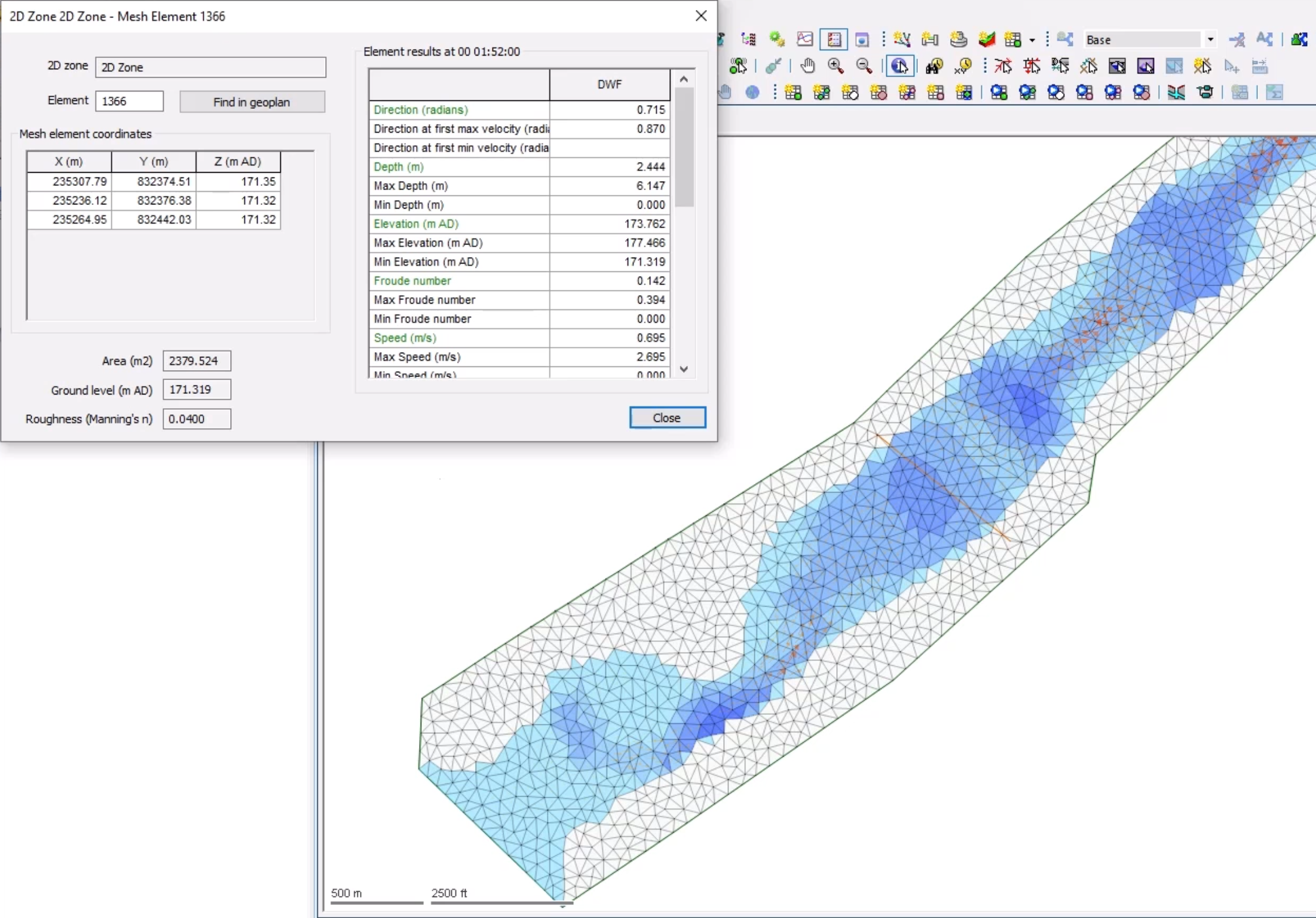 In the element properties dialog box, the results for the selected element, and in the GeoPlan, the simulation playing with the 2D Breach Theme applied.