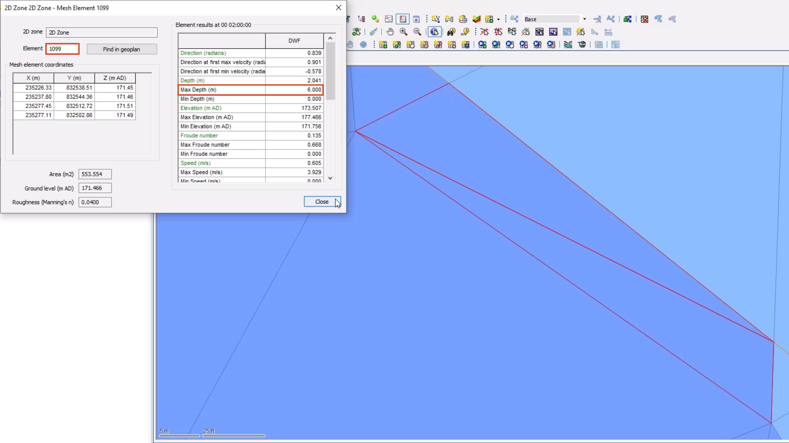 The element properties dialog box, with 1099 entered in the Element field and the corresponding Max Depth (m) value highlighted in red; and in the background, the GeoPlan zoomed to the found element, outlined in red.