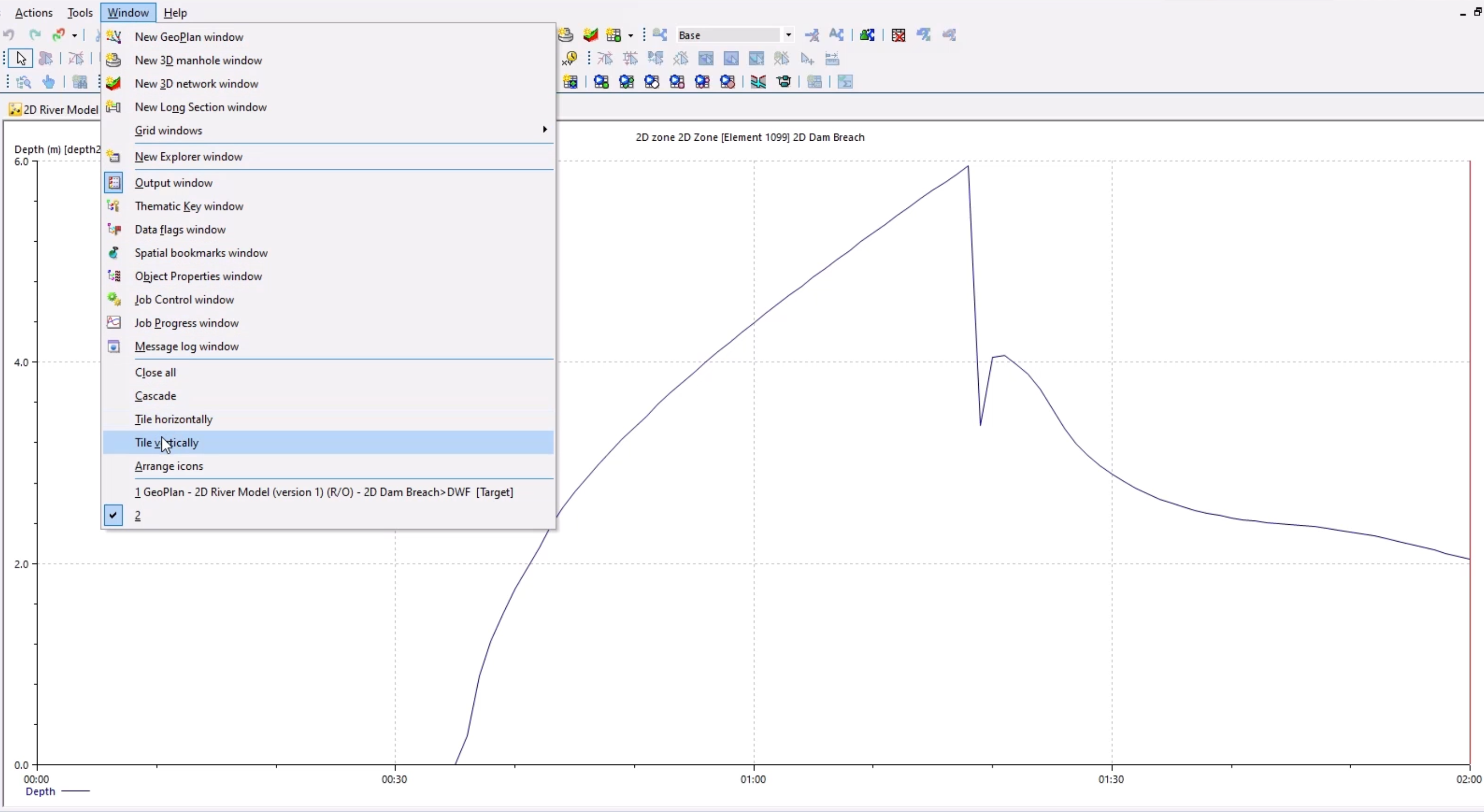 A graph of an element upstream of the base linear structure 2d, displaying the depth of water building at the structure, and then rapidly decreasing after it is removed; and in the Window menu, Tile Vertically selected.