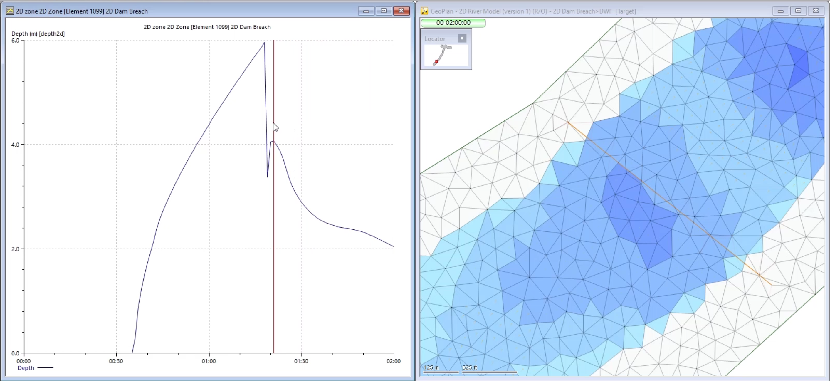 In a vertically tiled view, a graph showing the depth of water over time for the selected element, with a cursor arrow moving a vertical red line to an earlier time to rewind the simulation; and to the right of the graph, a zoomed out view of the simulation playing in the GeoPlan.