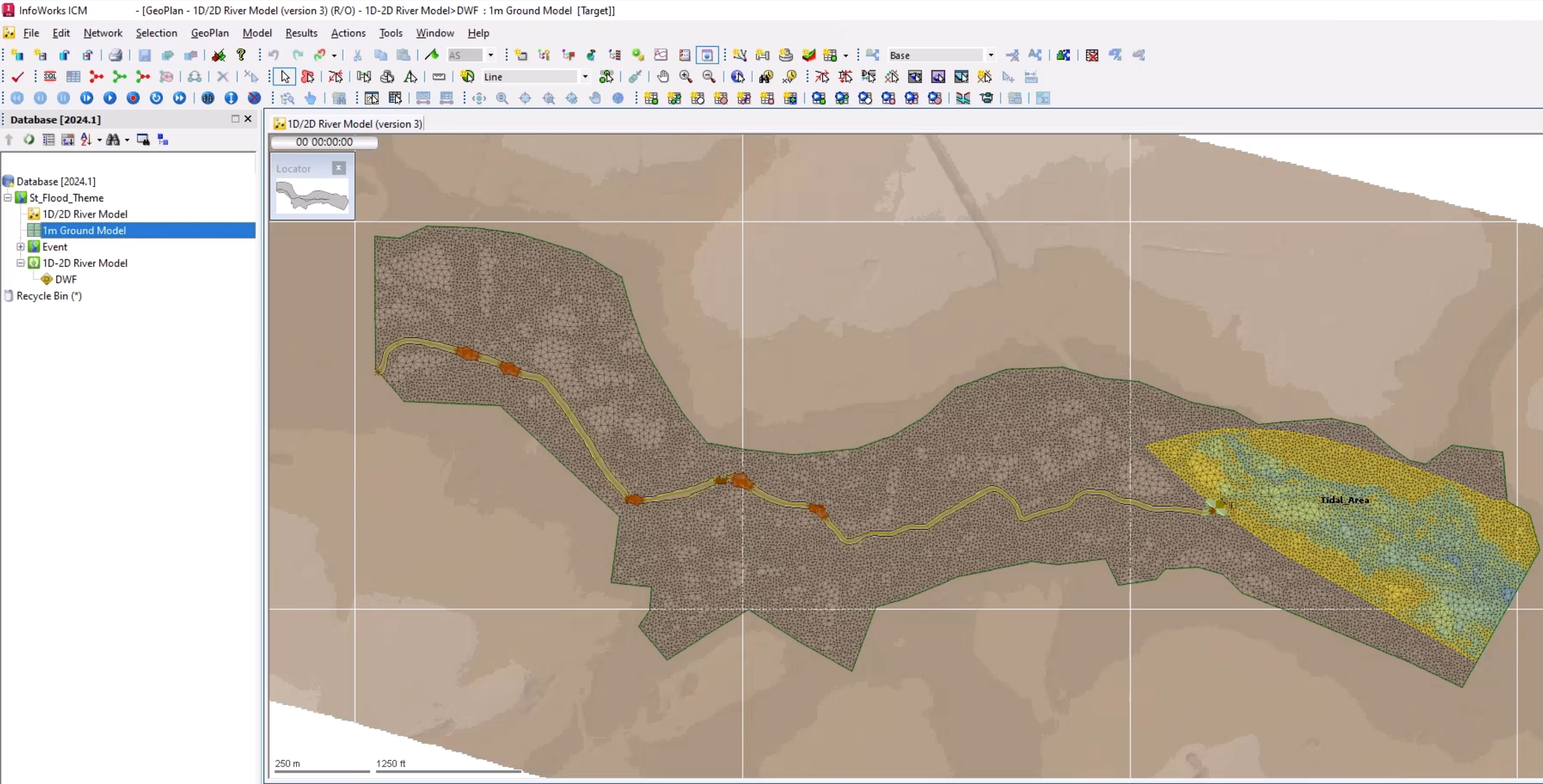 In the InfoWorks ICM interface, the 1D-2D River Model simulation open on the GeoPlan with the 1m Ground Model loaded and overlaying the simulation in gradient shades of brown.