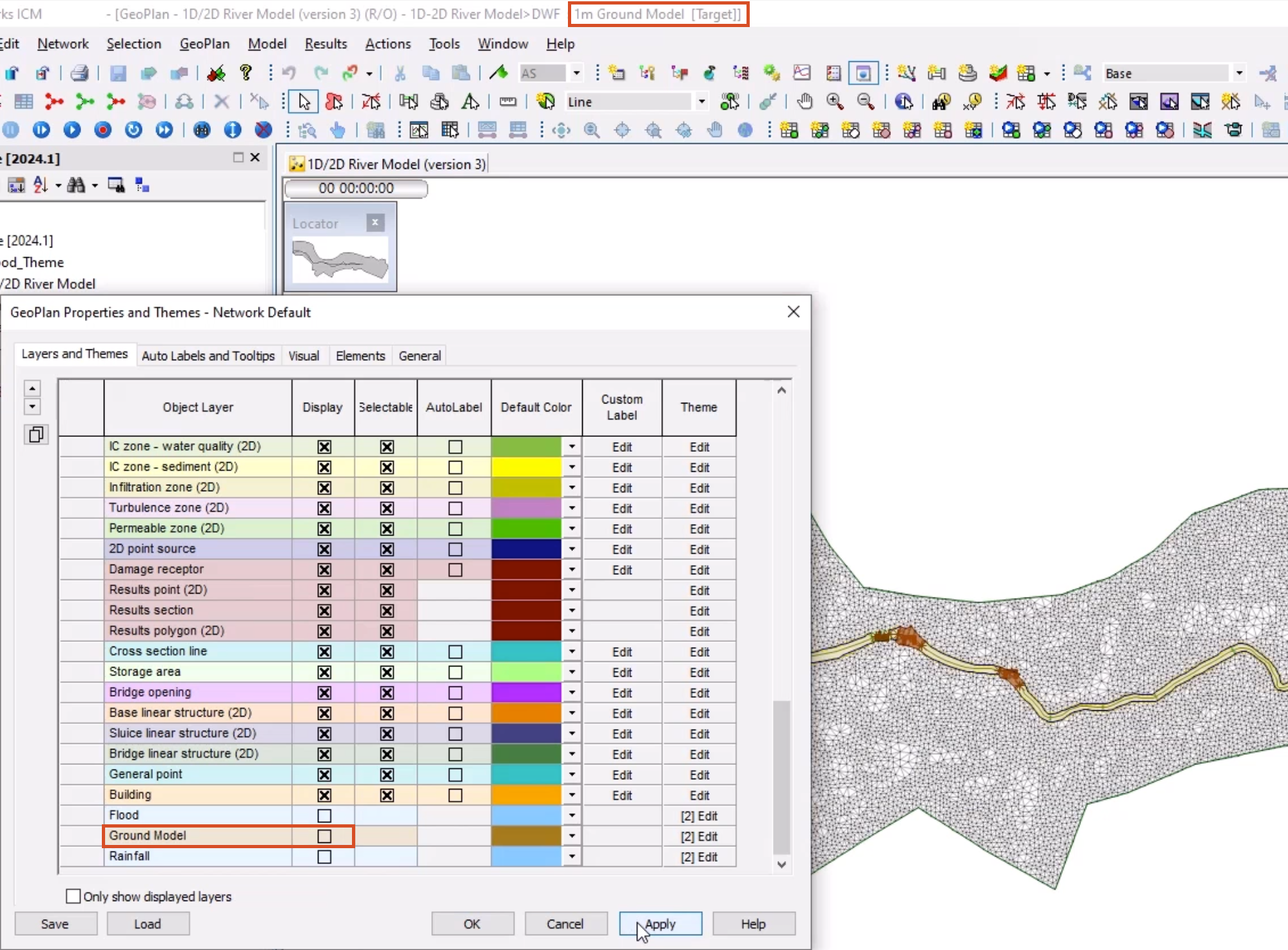 The GeoPlan Properties and Themes dialog box, with Display disabled for the Ground Model layer and Apply selected; and in the background, the simulation without the ground model, but 1m Ground Model still appearing in the title bar of the ICM window.