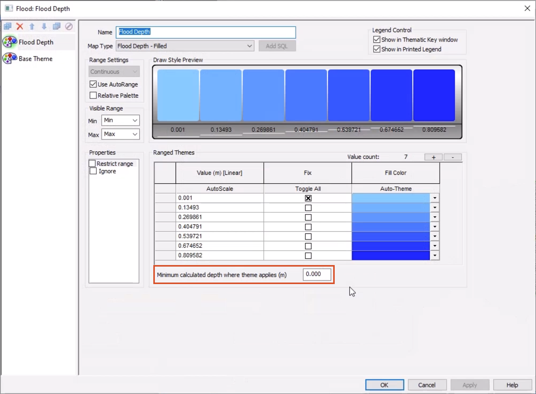 In the Layer Theme Editor, the settings for the Flood Depth sub theme, with the minimum calculated depth where theme applies (m) setting highlighted in red.