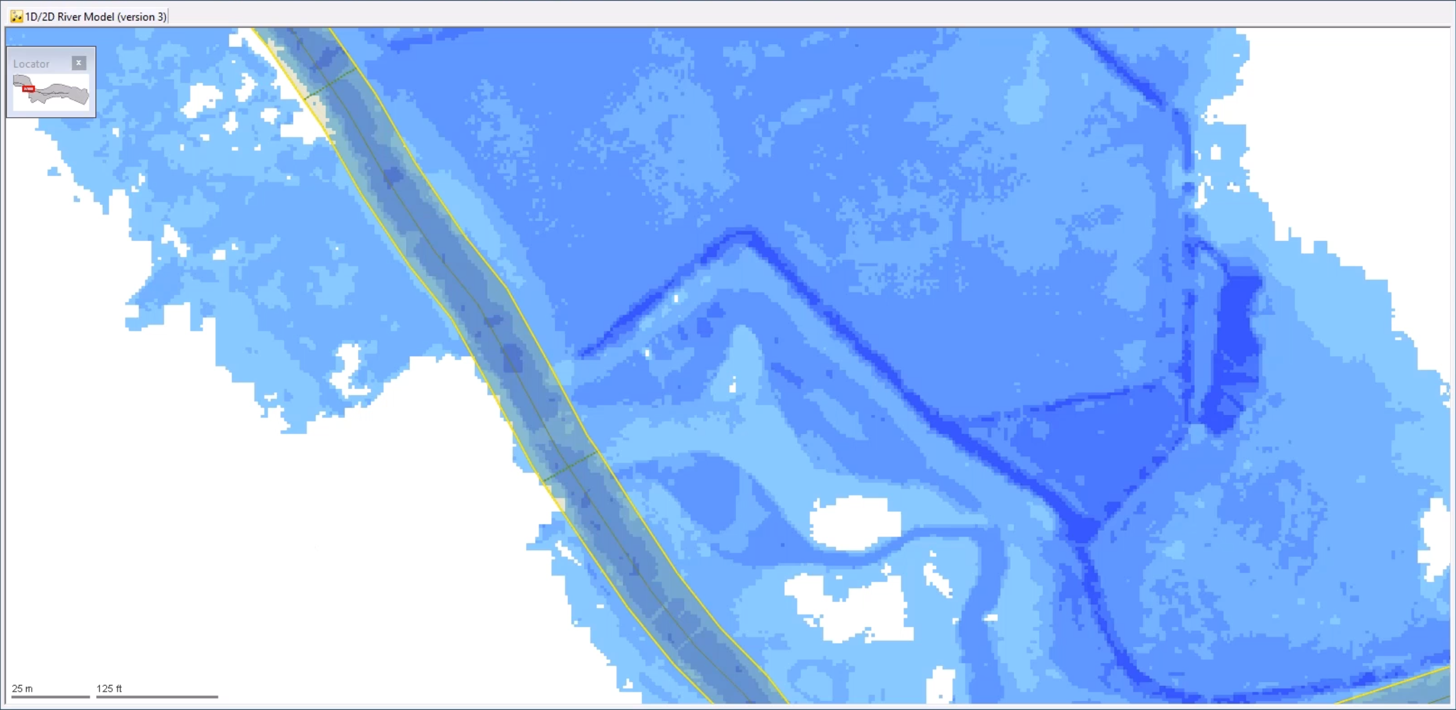 A zoomed in view of the simulation with the flood theme applied as a pattern of grid squares in gradient shades of blue.