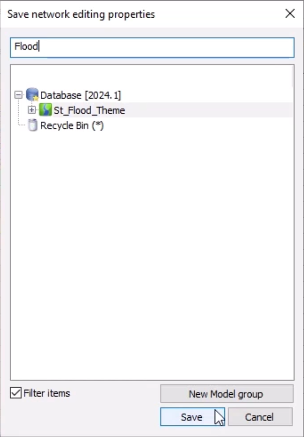 The Save network editing properties dialog box, with the name Flood entered for the new theme object, and Save selected.