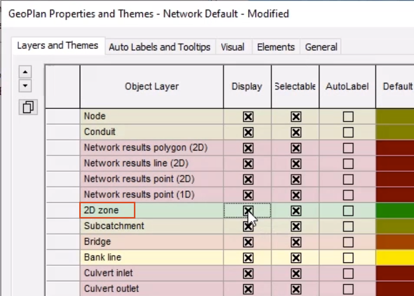 The GeoPlan Properties and Themes dialog box, with Display enabled for the 2D zone object layer.