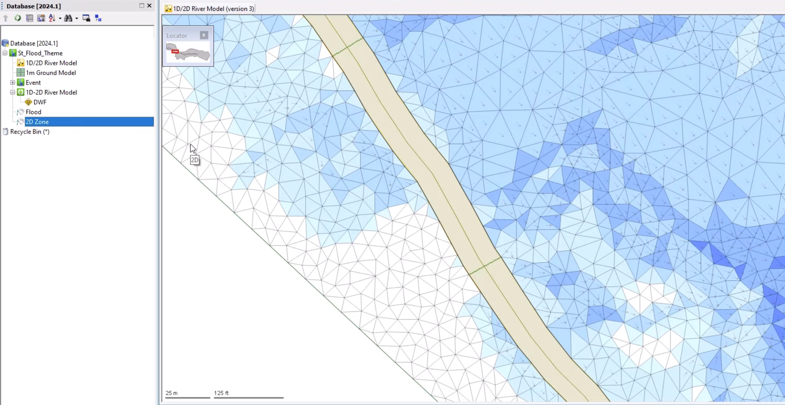 In the Database, the Flood and 2D Zone theme objects appear, with 2D Zone highlighted, and on the GeoPlan, the 2D Zone results applied as tiny triangles in varying sizes and shades of blue, with small arrows showing the direction of flow.