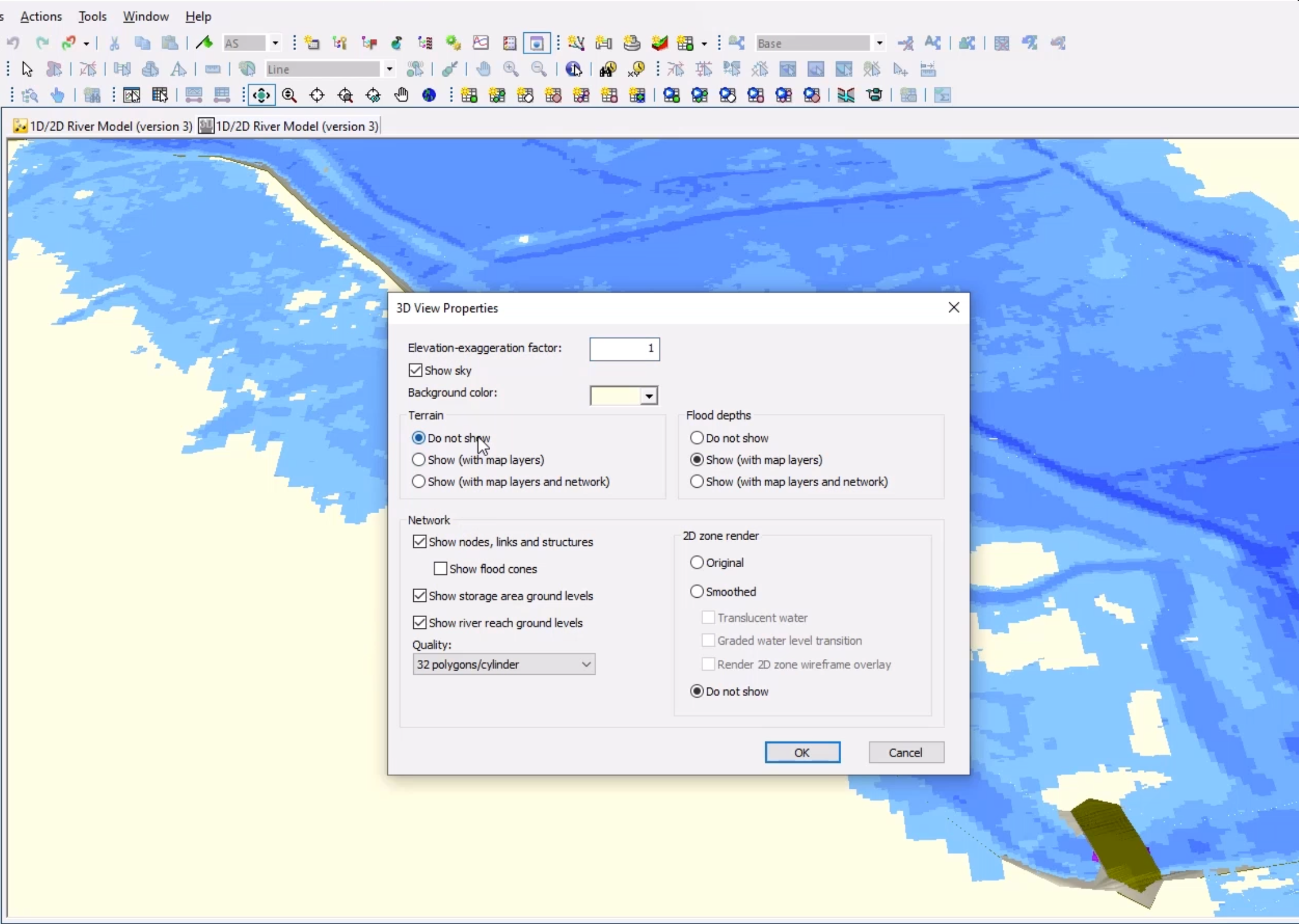 The 3D View Properties dialog box, with Do not show enabled under Terrain, and in the background, a new GeoPlan window displays the 3D view of the model.