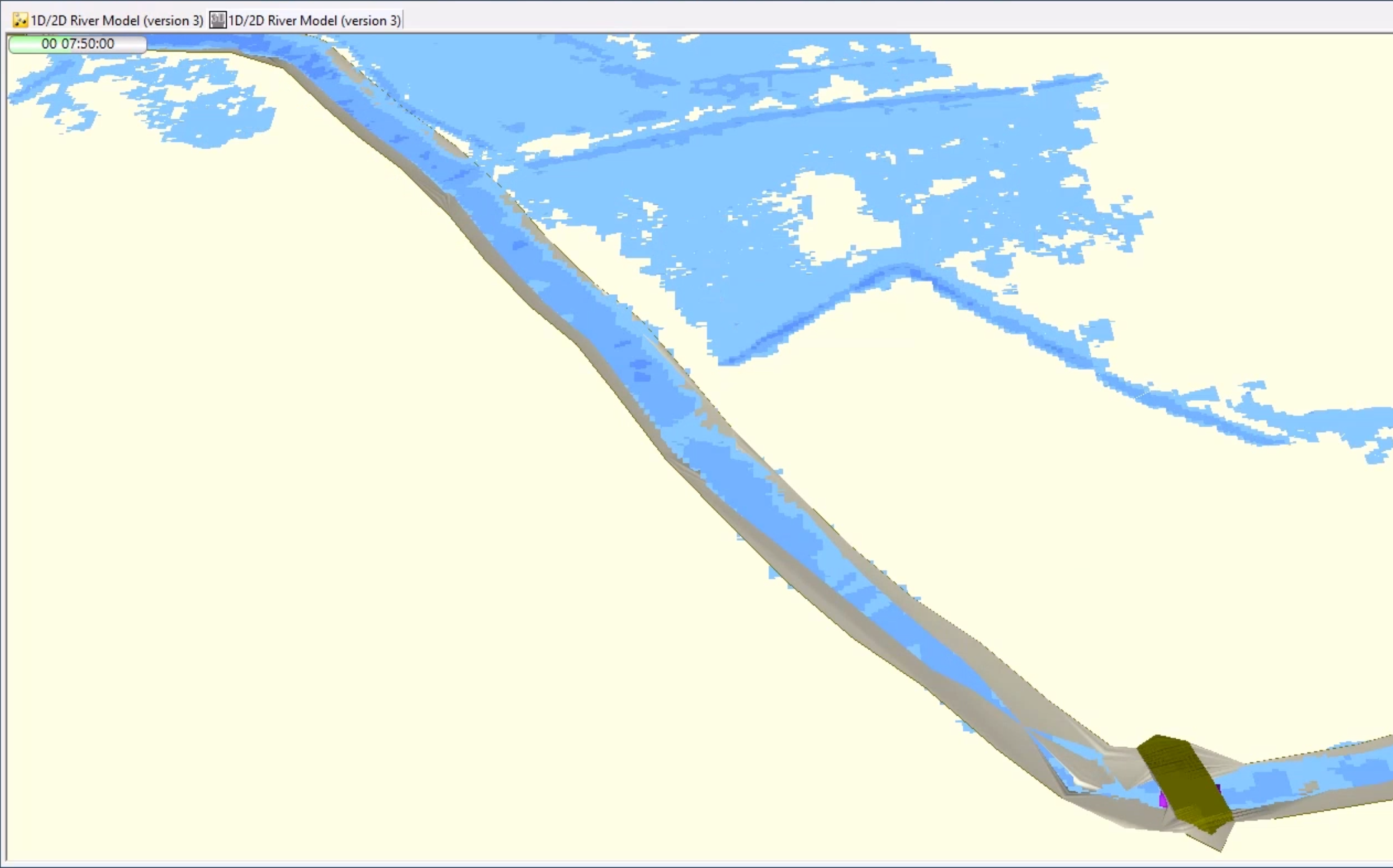 In the 3D view, the Flood theme results playing as the water builds up and starts spilling over the banks of the river.