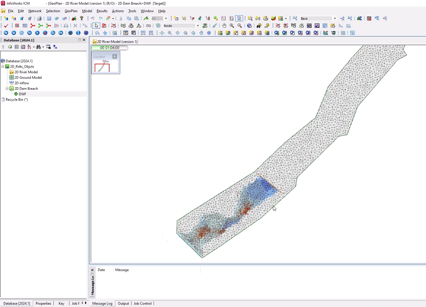 In the InfoWorks ICM interface, the 2D river model open on the GeoPlan with the simulation results applied.