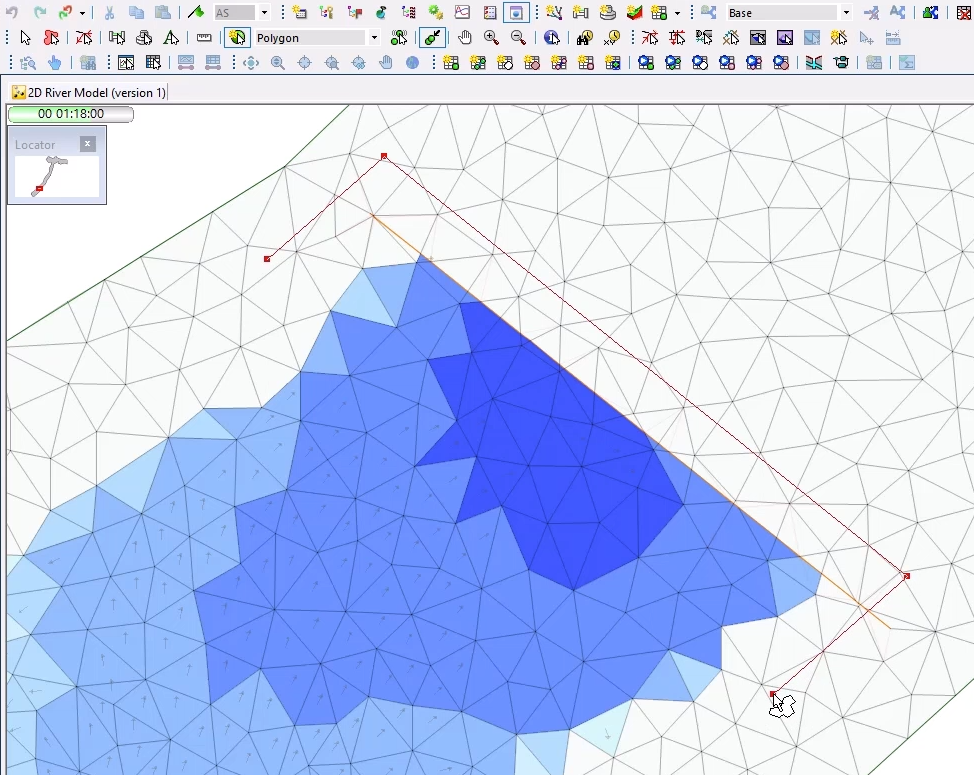 A zoomed in view of the 2D river model, with the cursor drawing a rectangular polygon around an area of the water and the dam.