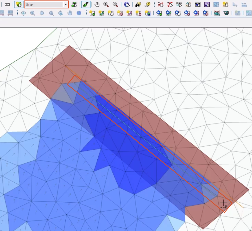 A zoomed in view of the 2D river model, with Line selected and highlighted in the New Object Type drop-down, and along the upstream side of the dam, the new line drawn and outlined in red.