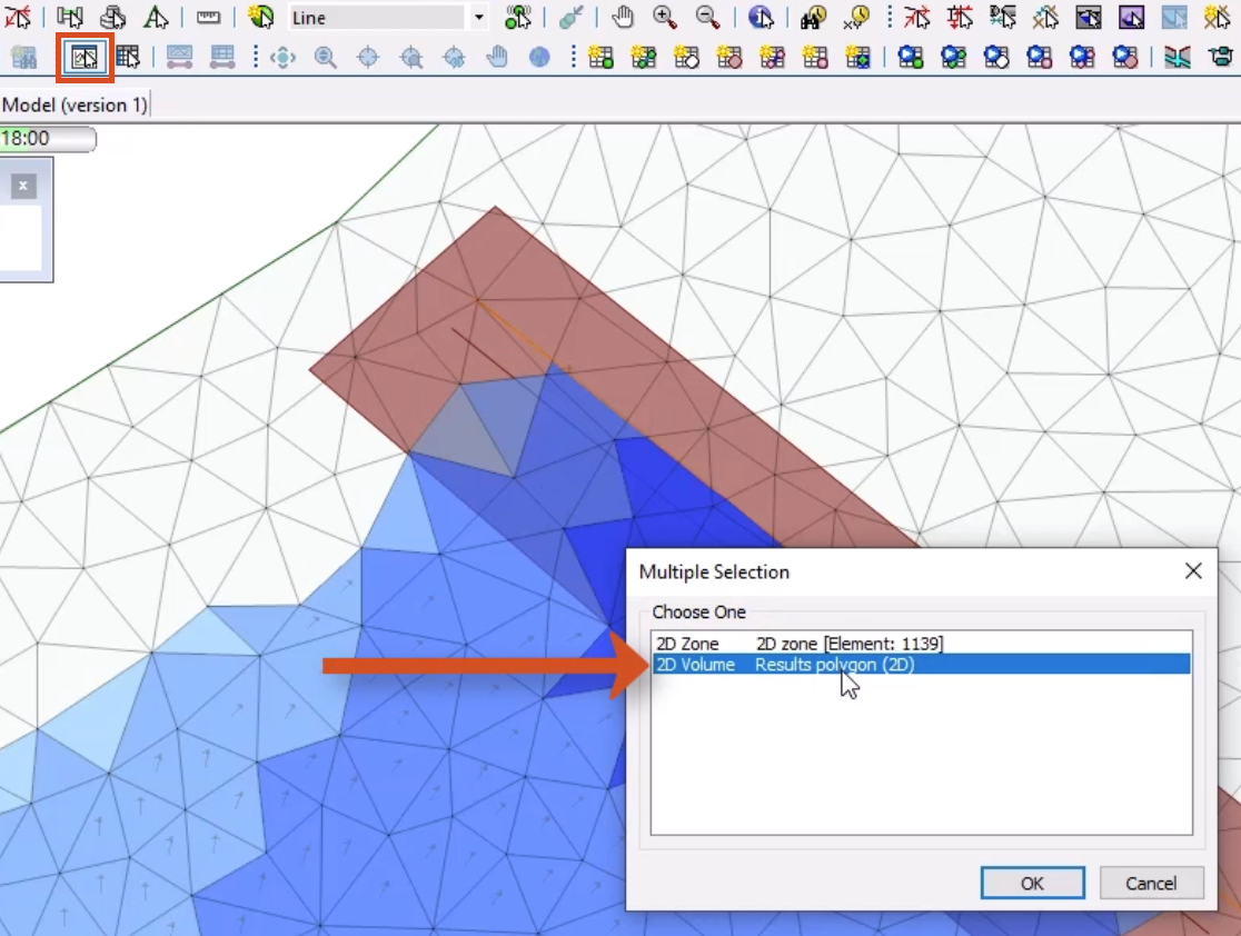 In the Results toolbar, Graph Pick selected and highlighted; in the Multiple Selection popup, 2D Volume Results polygon (2D) selected and called out; and in the background, the open 2D river model.