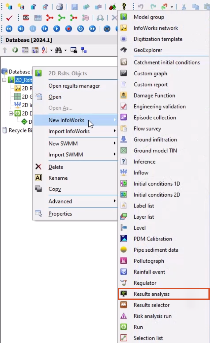 The model group shortcut menu with New InfoWorks selected, and in the flyout, Results analysis highlighted.