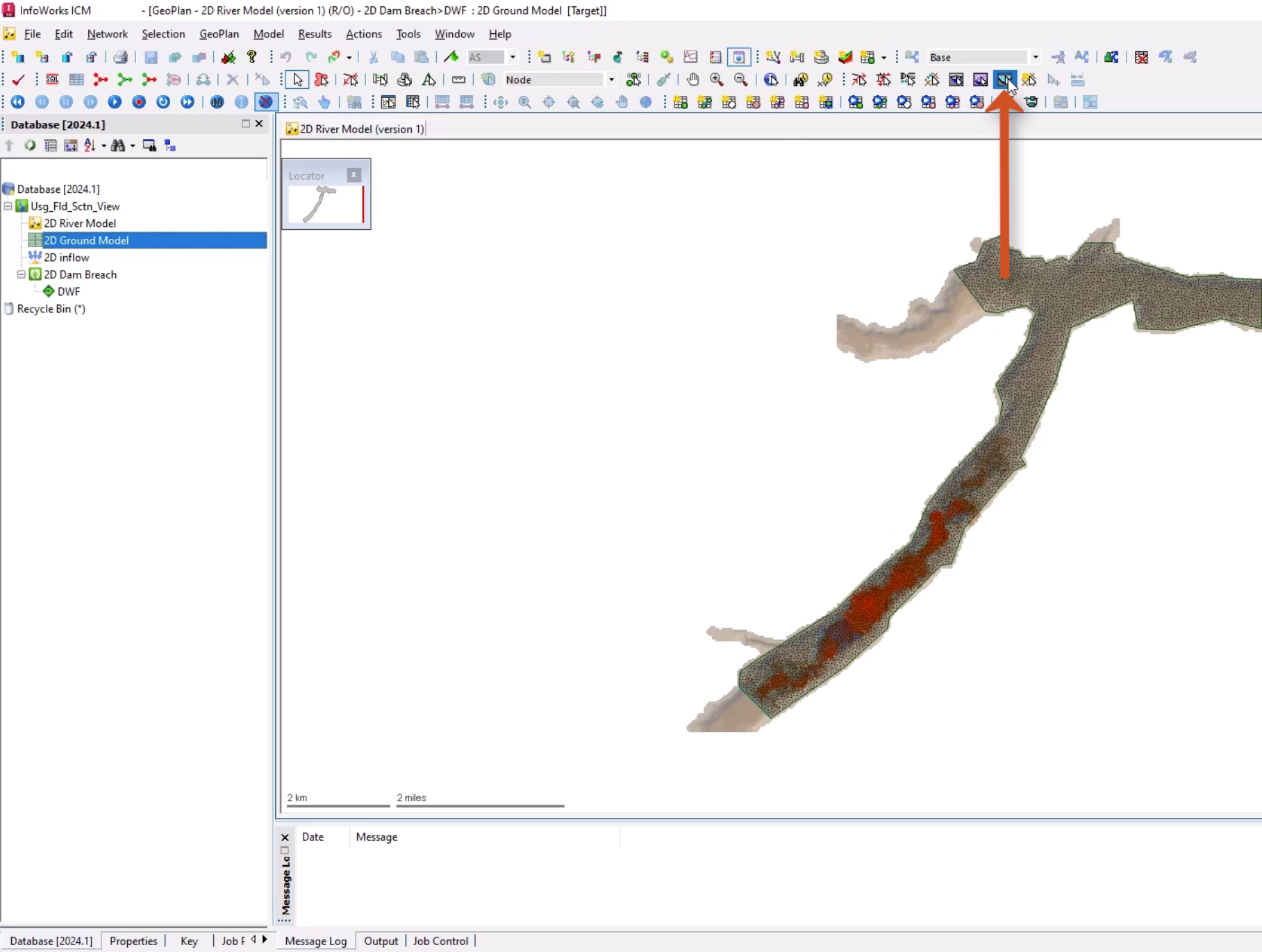 In the InfoWorks ICM interface, the 2D river model and 2D ground model open on the GeoPlan, and in the GeoPlan Tools toolbar, the New Section View tool selected and called out with a red arrow.