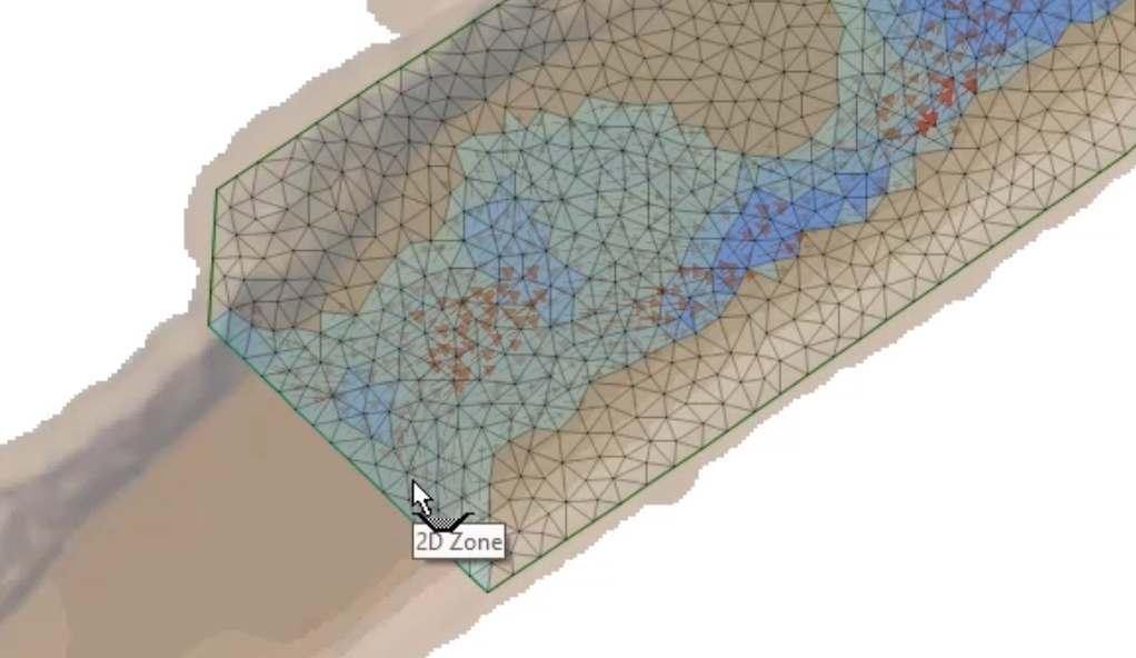 The 2D river model, zoomed and adjusted to make the end where the water flows in visible, with the mouse cursor clicking near the inflow boundary.