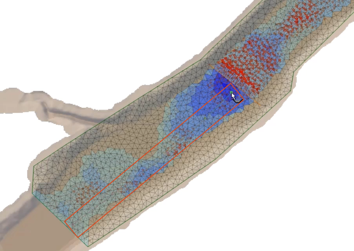 The 2D river model with a segmented line drawn from the inflow boundary to an end point near the dam, with the line outlined in red.