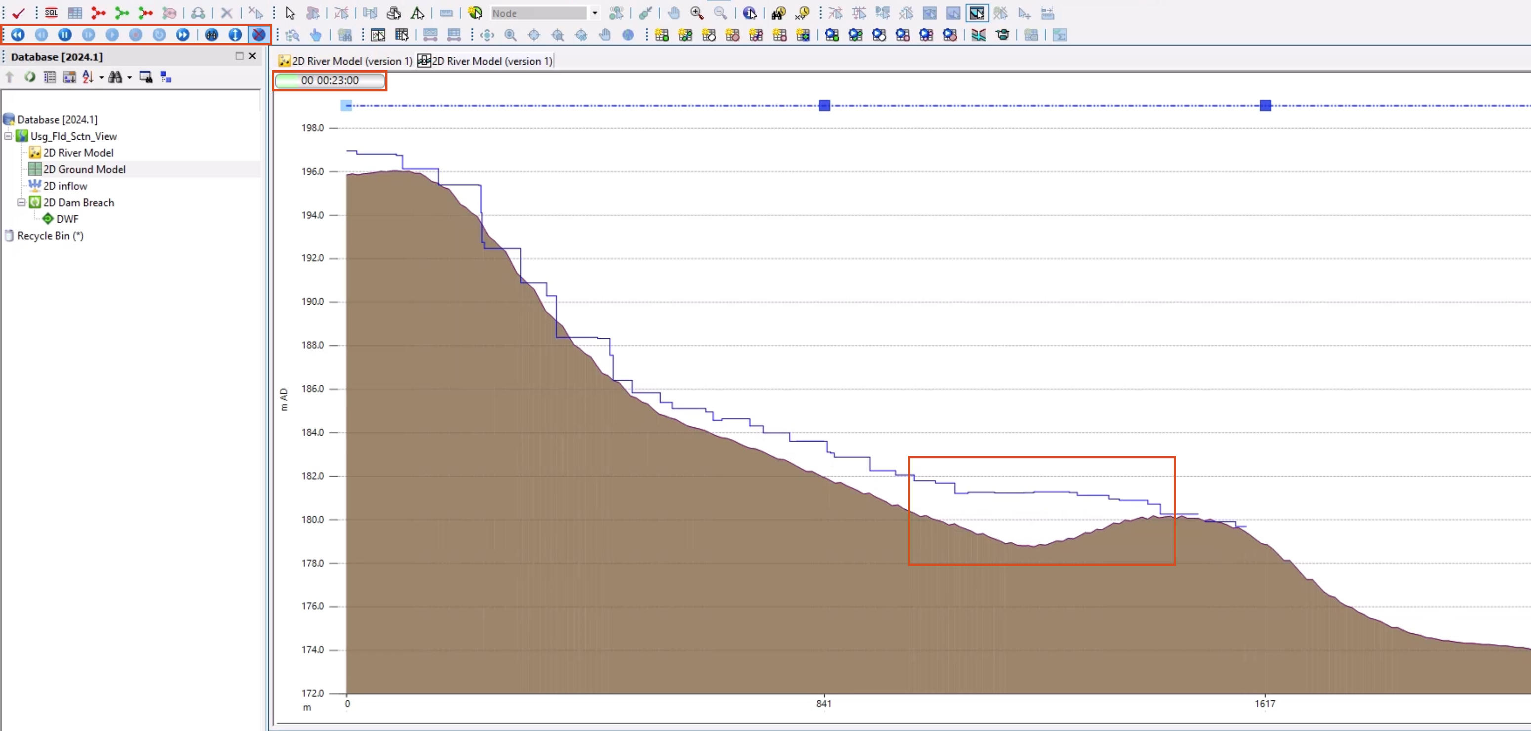 In a flood section window displaying ground levels as a solid area and water levels as a stepped line, a red rectangle highlights the pool forming at the ridge, and the progress bar shows the simulation at 23:00; with the Replay Control toolbar highlighted in the ICM interface.