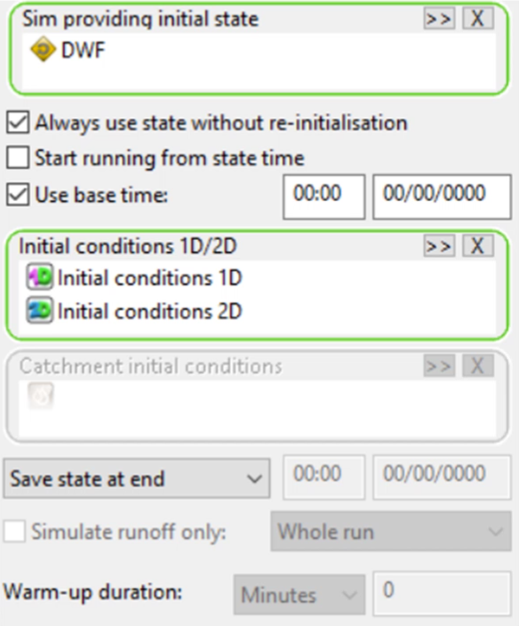 An area of the Run dialog box with options configured to use an initial state file instead of initialization.