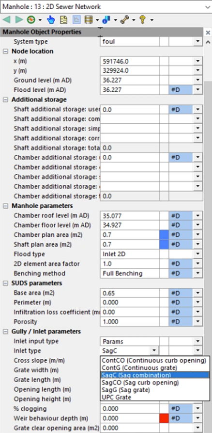 The Properties window for a manhole, with the Flood type set to Inlet 2D and the Inlet type drop-down expanded.