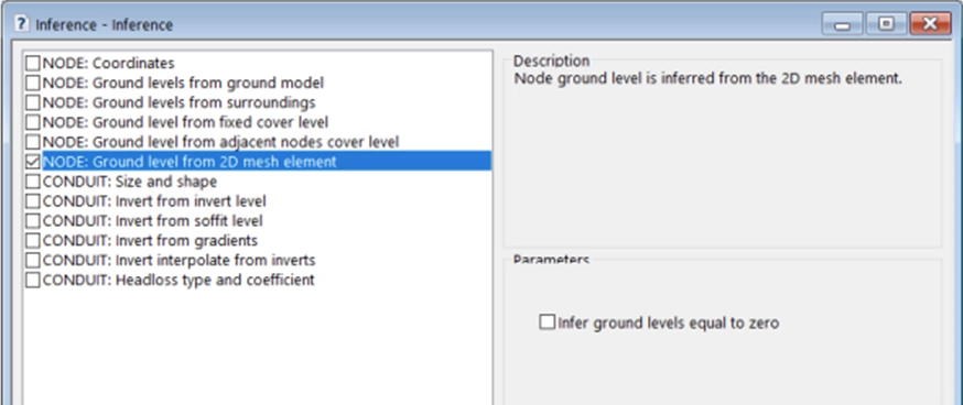 The Inference tool dialog box, used to compare levels and decide on the best approach to align the domains, with the option to update the node ground level from the 2D mesh element level selected.