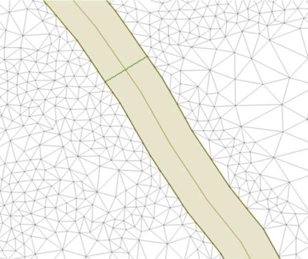 A meshed 2D river model with an example of linear coupling.