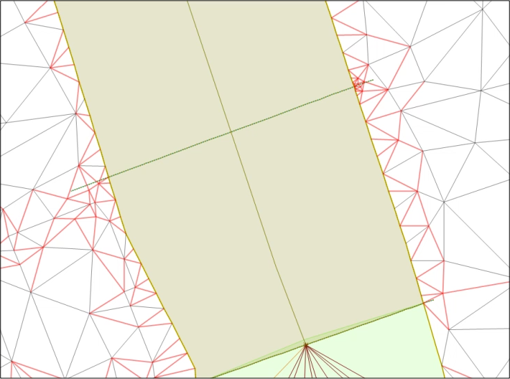 A 2D river model with an area of many small elements generated along the banks as a result of using high-resolution bank lines.