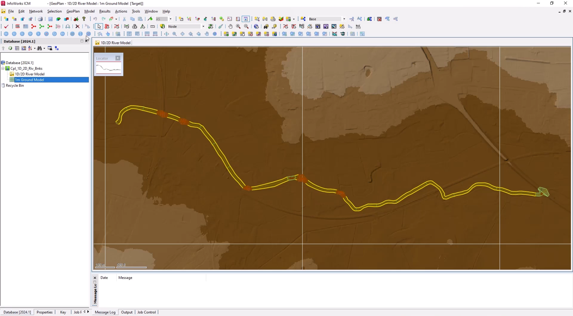 The InfoWorks ICM interface, with the river model and ground model for this example loaded onto the GeoPlan.