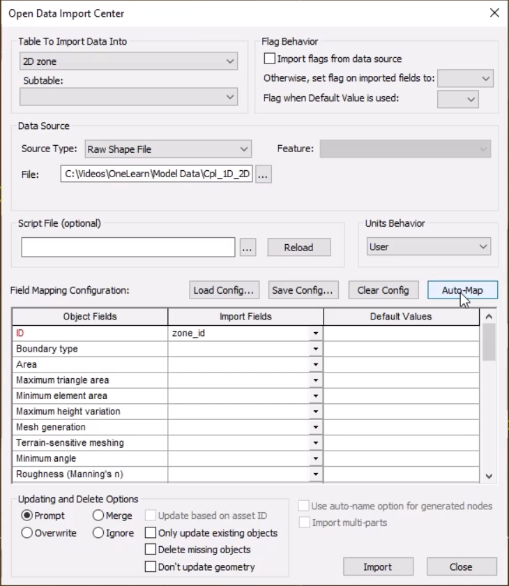 The Open Data Import Center, with settings configured for this example and Auto-Map selected.