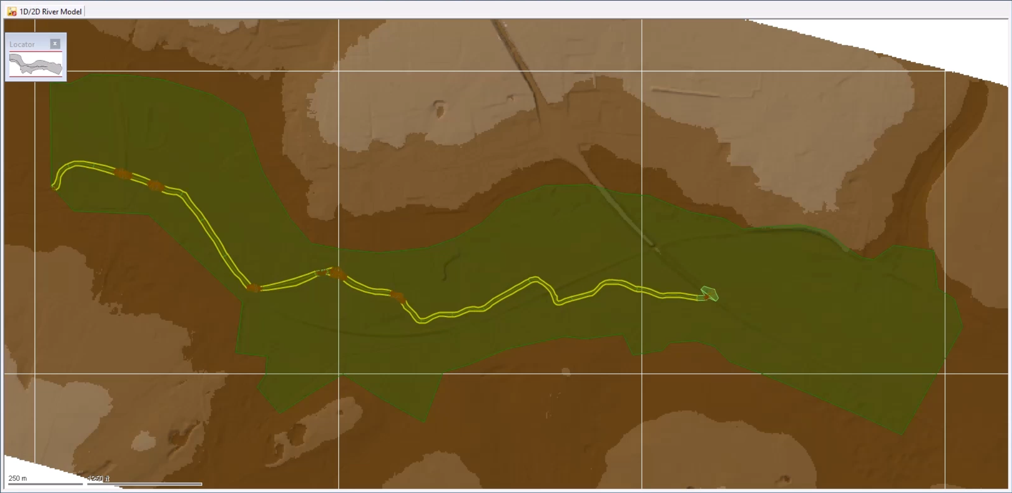 In the river model, the imported 2D zone appears as a green polygon.