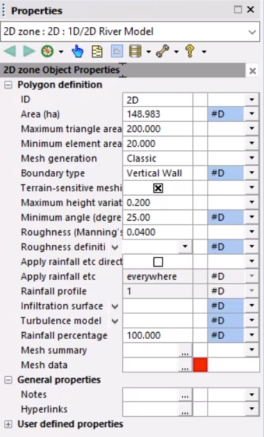 The Properties window for the 2D zone, with Polygon definition settings configured for this example.