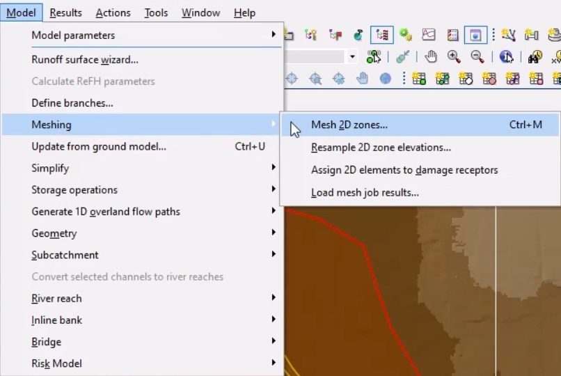 The expanded Model menu with Meshing selected, and in the flyout, Mesh 2D zones selected.