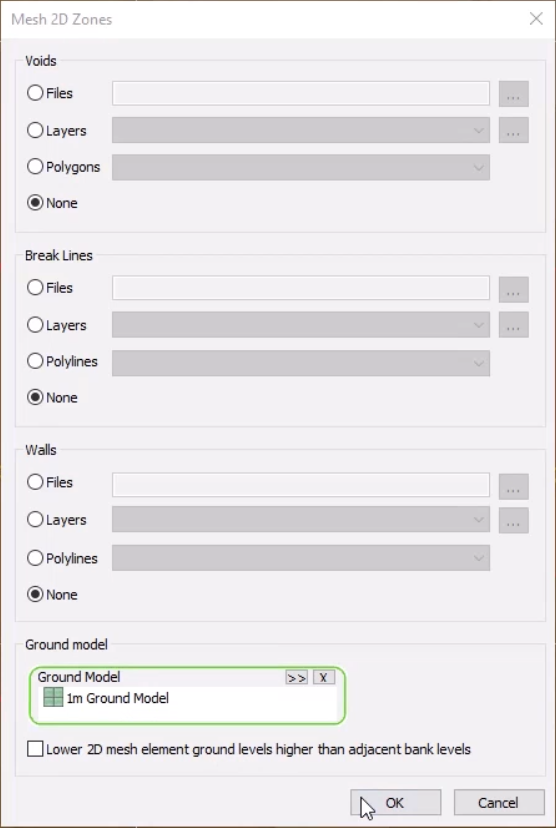 In the Mesh 2D Zones dialog box, 1m Ground Model appears in the Ground Model group box, and OK is selected.