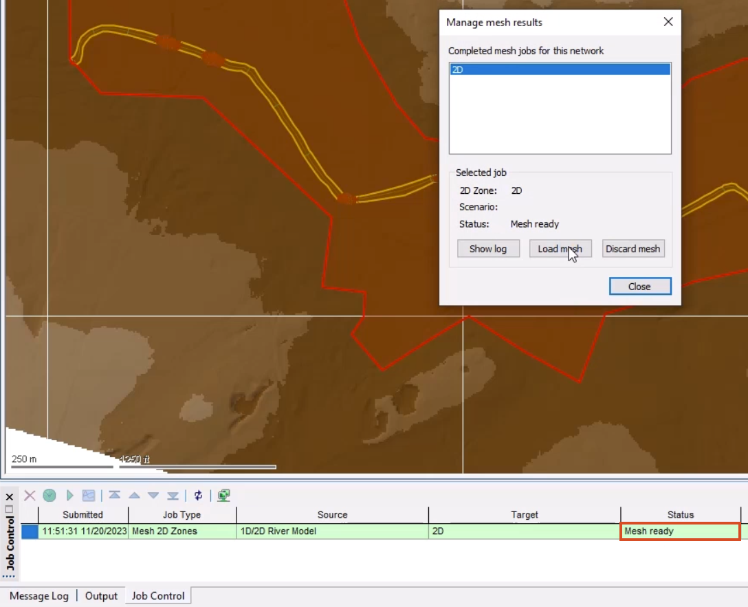 In the Job Control window, the Mesh ready status is highlighted in red, and in the Manage mesh results dialog box, Load mesh is being selected.