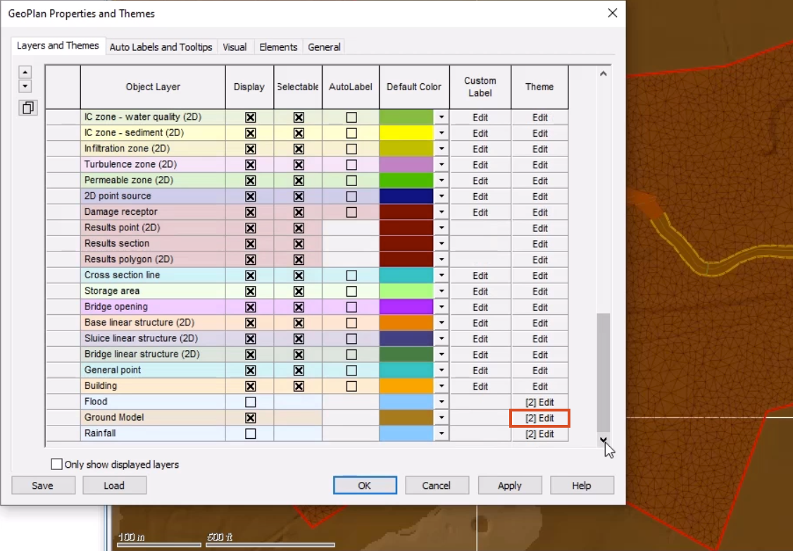 The GeoPlan Properties and Themes dialog box, with Edit highlighted in the Ground Model row; and in the background, terrain-sensitive meshing applied to the model, but only slightly noticeable on the dark ground model.