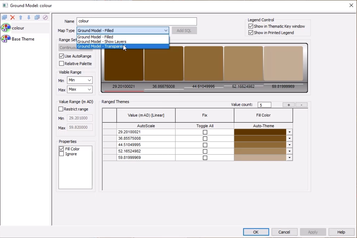 The Layers and Themes Editor, with the Map Type drop-down expanded and Ground Model – Transparent selected.