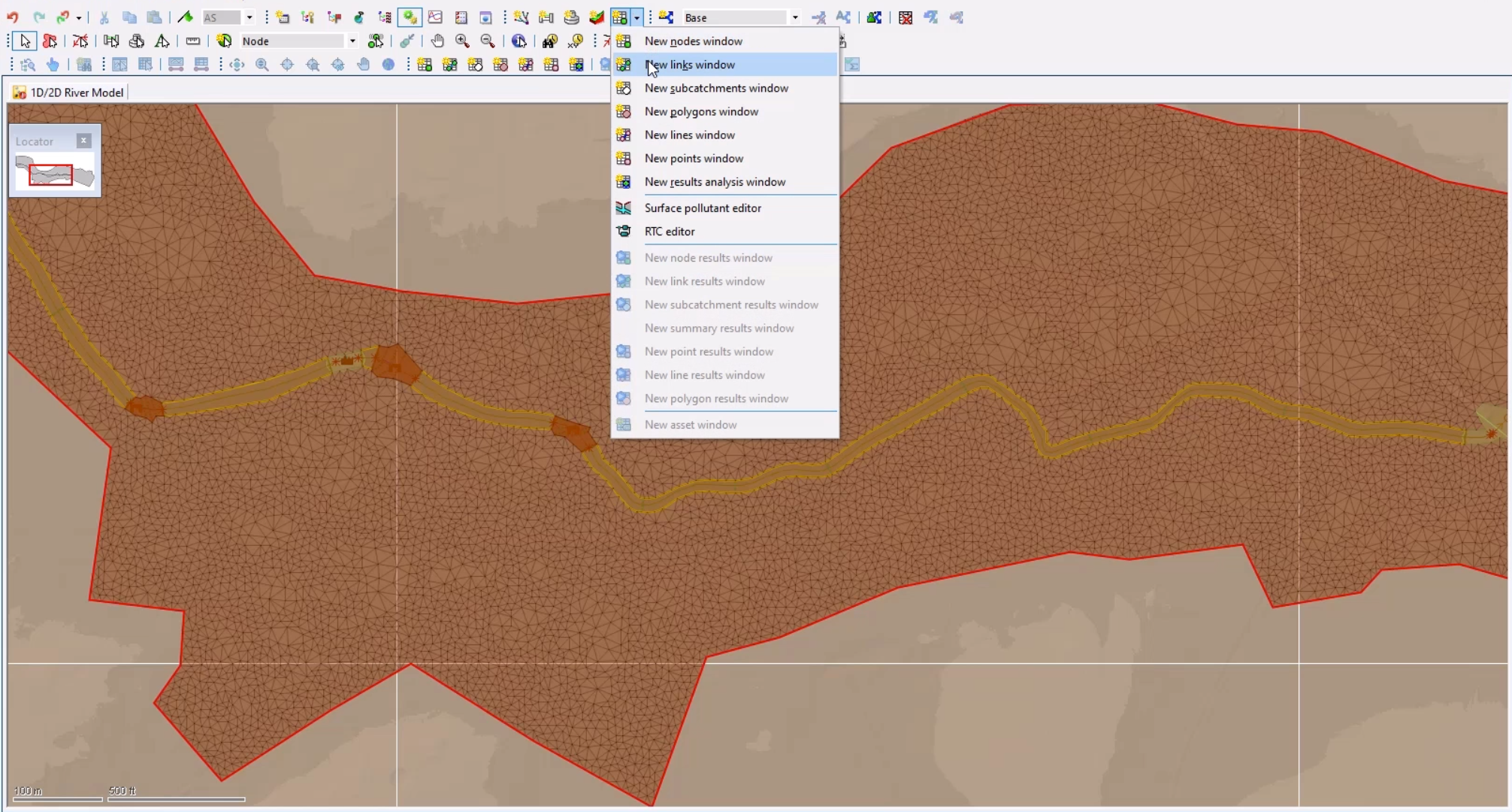 In the Windows toolbar, the Grid windows drop-down expanded with New links window selected, and on the GeoPlan, the model with visible terrain-sensitive meshing and the 2D zone extending beyond the river model.