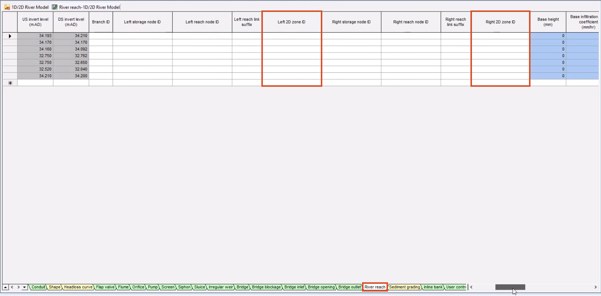 The links grid window, with the blank Left 2D zone ID and Right 2D zone ID columns highlighted in red, and the River Reach tab also highlighted in red.