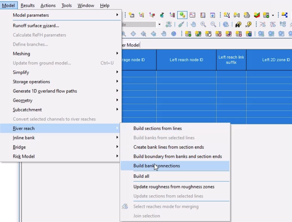 In the Model menu, River reach selected, with Build bank connections selected in the flyout; and in the background, the grid with all river reaches selected and highlighted.