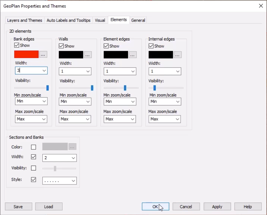 The GeoPlan Properties and Themes dialog box, Elements tab, with Bank edges set to red and a Width of 3, and OK selected.