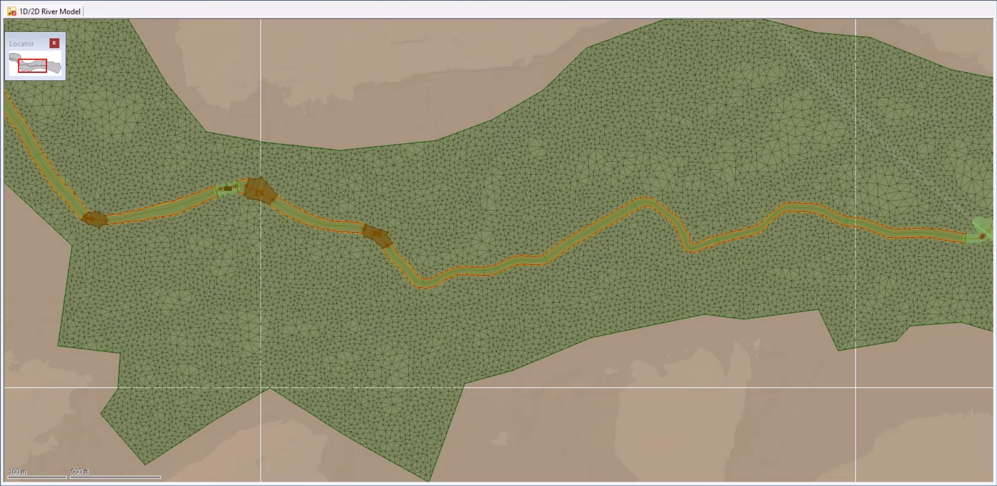 On the GeoPlan, the river network with bank lines correctly connected to the 2D zone, highlighted by the red bank edges.