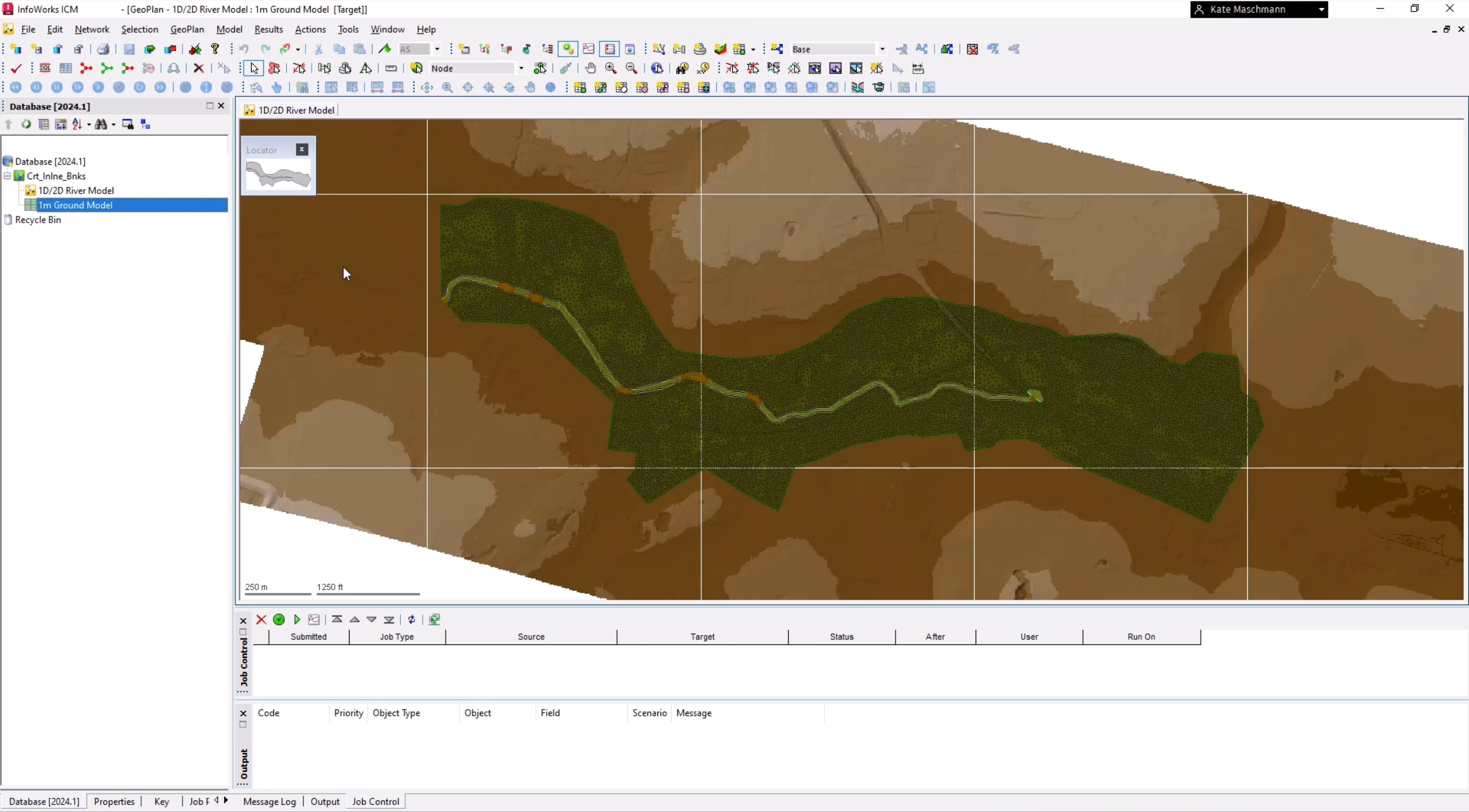 The InfoWorks ICM interface, with the river model and ground model for this example loaded onto the GeoPlan.