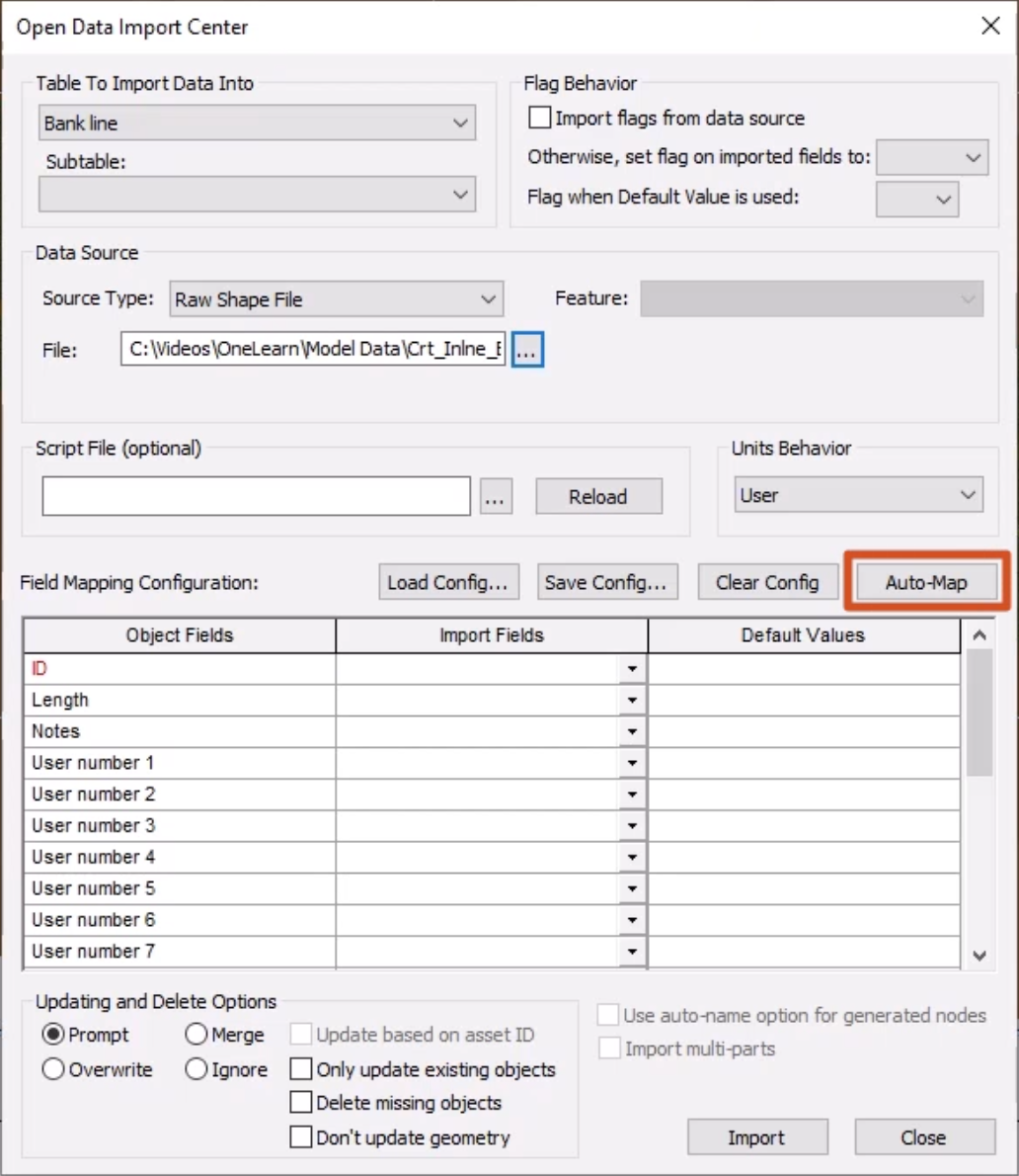 The Open Data Import Center, with settings configured for this example and Auto-Map highlighted in red.