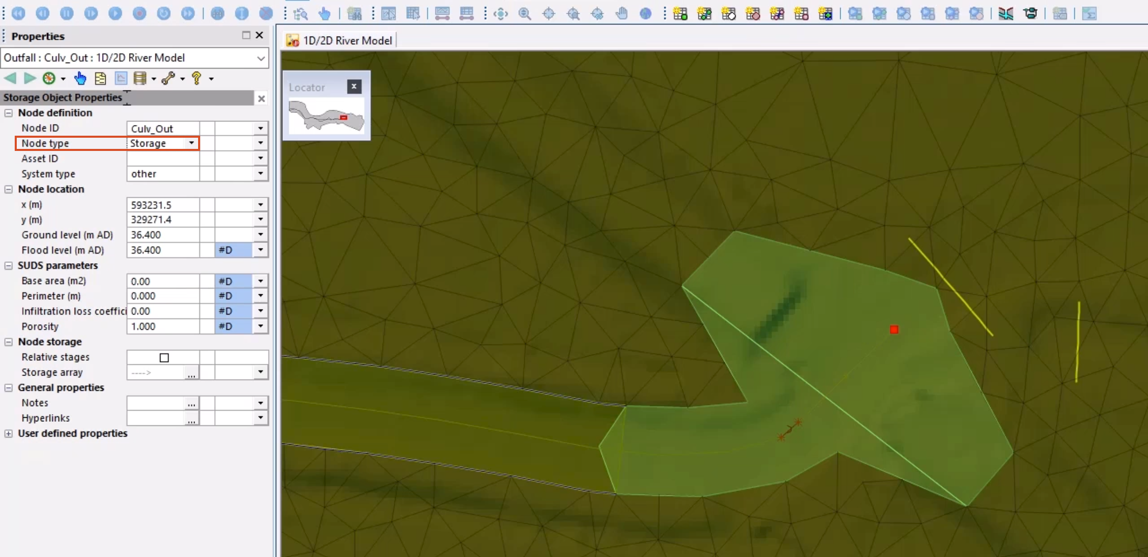 In the Properties window for the node, the Node type is set to Storage and highlighted, and on the GeoPlan, the two imported bank lines appear in yellow near the storage area polygon.