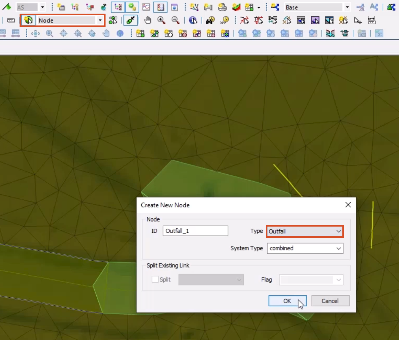 In the GeoPlan Tools toolbar, the New Object Type drop-down set to Node and highlighted, and in the Create New Node dialog box, the ID entered, the Type set to Outfall, and OK selected.