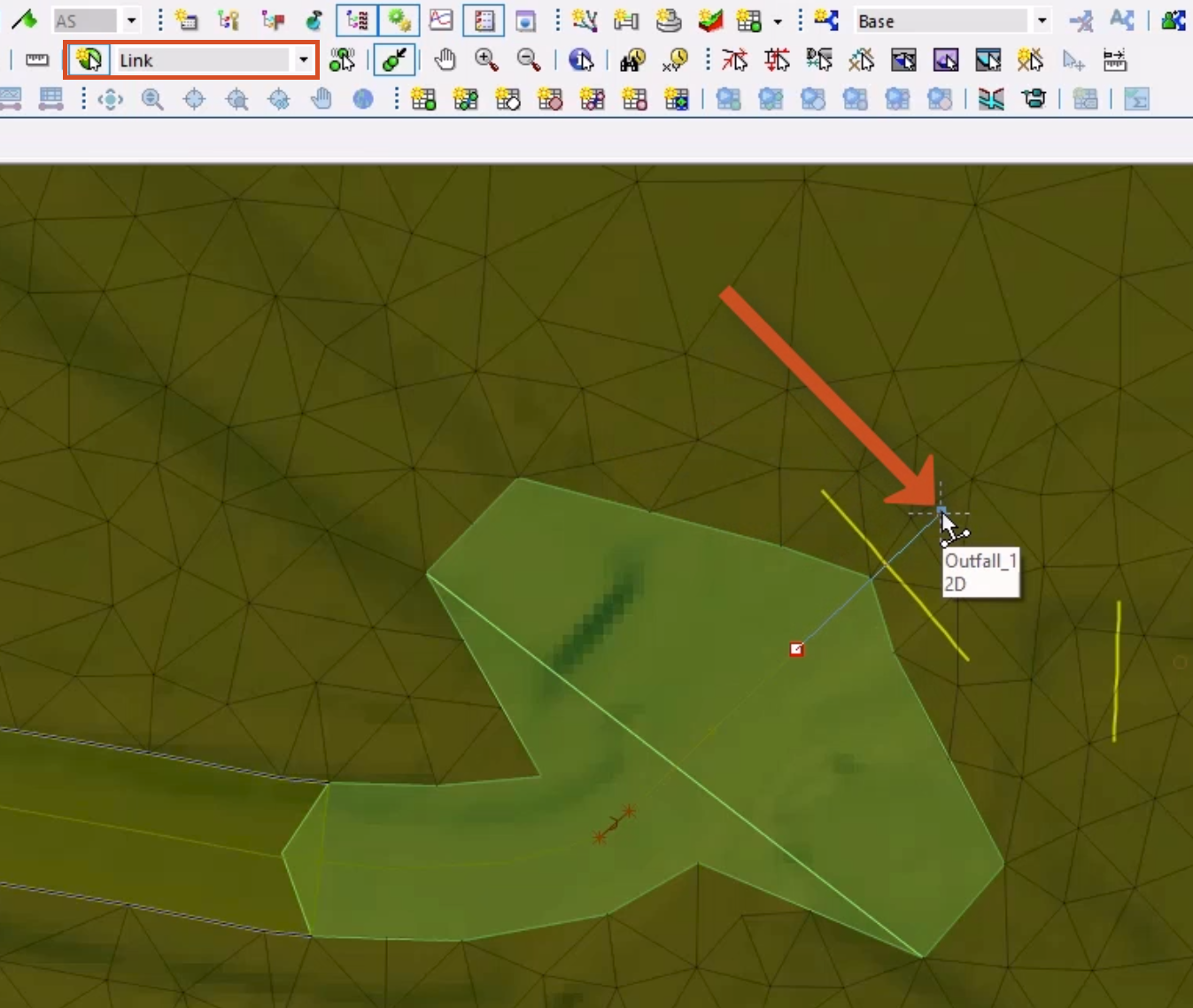 In the GeoPlan Tools toolbar, the New Object Type drop-down set to Link and highlighted, and on the GeoPlan, a link drawn from Culv_Out to the first added outfall node, called out with a red arrow.